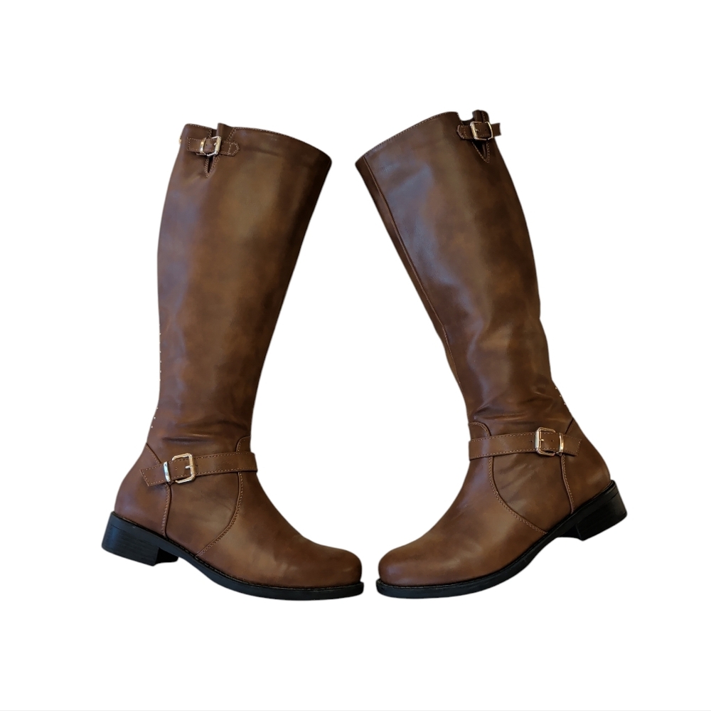 Dream Pairs Intruder-3 Stud Embellished Heeled Tall Boots 9.5 Brown Full Zipper - Picture 16 of 16